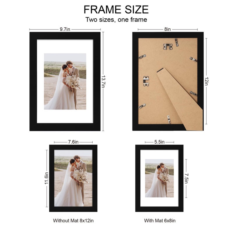 Hongkee 8x12 Picture Frame Set of 4, Made of Real Glass and Black Wooden Frame - Display 6x8 Picture with Mat or 8 x 12Poster Without Mat, 8 by 12 Photo for Wall or Tabletop - Image 2